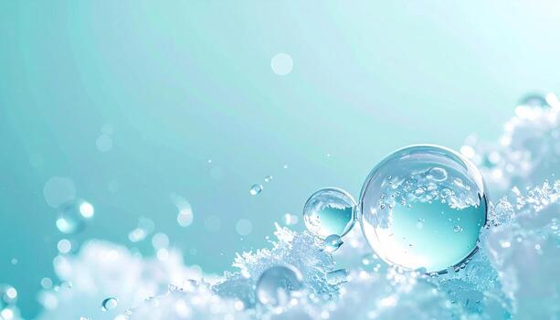 Marble sized air bubbles trapped in ice pale cyan background left side copy space crisp wintery macro photo