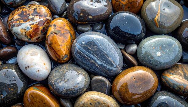 Pebble beach wet stones with thin sheen in a desaturated palette top copy area calm repeating texture background photo