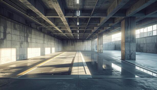 Parking garage light pool on smooth concrete deep shadows and right side copy cinematic urban grit background photo