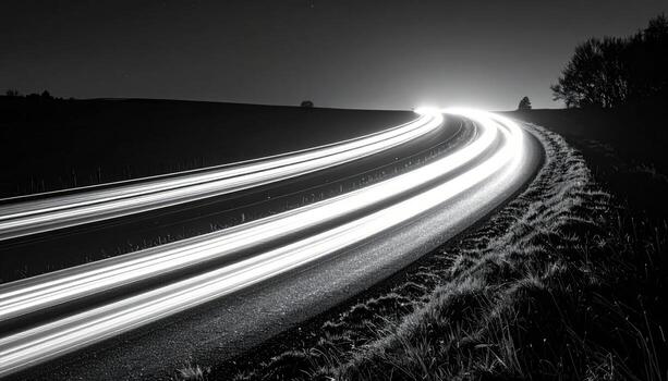 Single white light trail in gentle arc across a dark field long exposure with wide central copy space sleek night backdrop photo