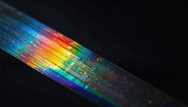 Diffraction grating macro faint rainbow sweep across black with right side copy space modern scientific background photo