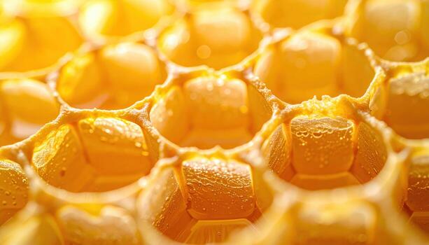 Beeswax foundation cells with soft backlight clean highlights and open top copy space warm honeycomb pattern background photo