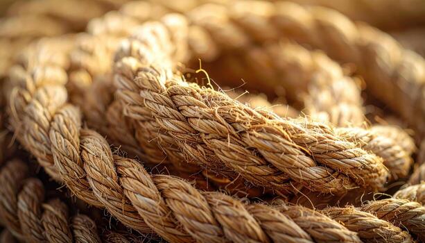 Coiled jute rope fibers in warm raking light central copy space rustic natural texture background photo