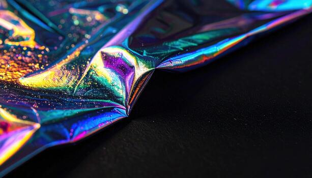 Holographic foil restrained iridescent gradient on black with right side copy space sleek modern background photo