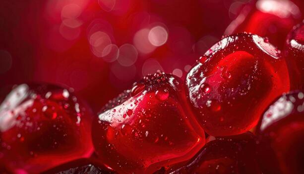 Pomegranate arils glistening with shallow depth rich reds and generous dark copy space clean culinary background photo