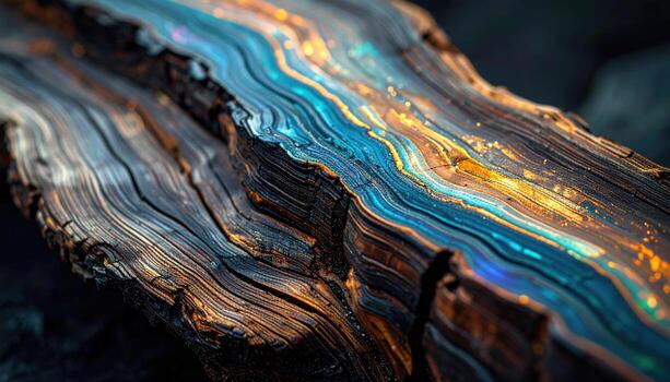 Opalized wood with faint iridescent seams on low key background and top copy space refined mineral texture backdrop photo