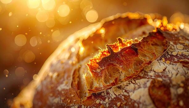 Sourdough crust with ear and blisters in warm light with left side copy space artisan bread background photo