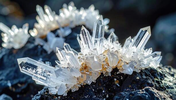 Tide pool halite crystals in starburst patterns on dark rock with bottom copy space crisp coastal science background photo