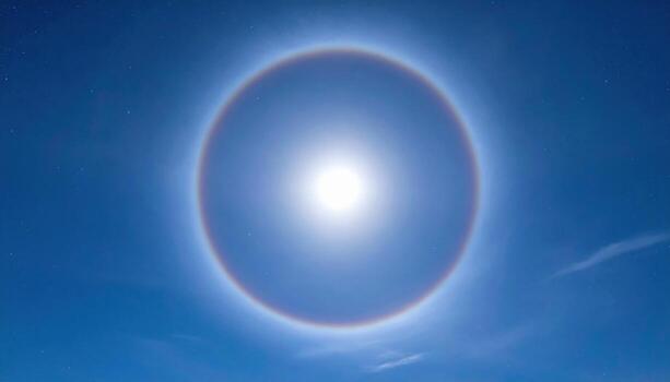 Faint 22 degree moon halo in thin cirrostratus night ambience with open center copy space subtle atmospheric optics background photo