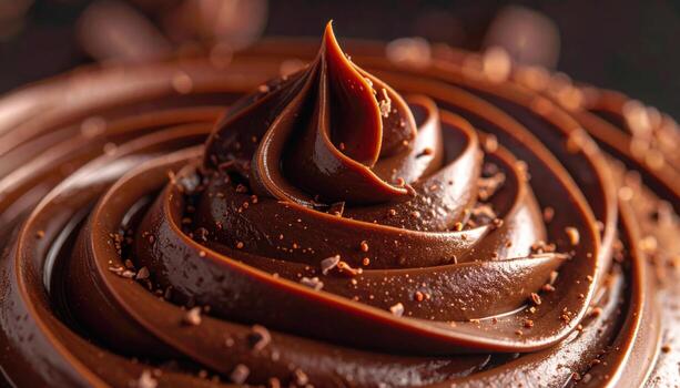 Tempered chocolate swirls with precise sheen dark gourmand palette and central copy space clean dessert background photo