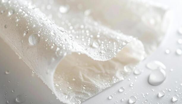 Translucent rice paper wrapper with condensation beads clean neutrals and upper copy space fresh culinary background photo