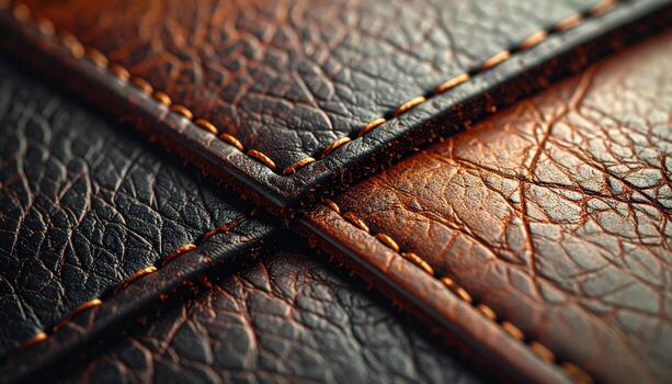 Stitched leather with saddle stitching and natural grain warm light and left margin copy space clean craft background photo