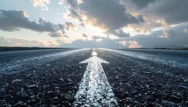 Asphalt with worn thermoplastic arrow ghost subtle aggregate in overcast light central copy space clean urban texture background photo