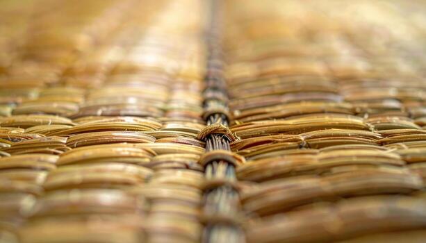 Tatami mat seam in rush straw with natural patina and central copy field clean Japanese craft texture background photo