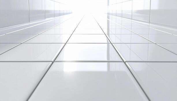 Glossy white beveled tiles with a single grazing highlight pristine lines and central copy space clean interior background photo