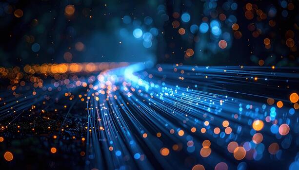 Fiber optic bundle bokeh arcing along one edge on dark field with generous negative space clean tech background photo