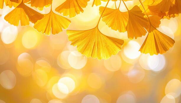 Golden ginkgo leaves as gentle bokeh airy fall ambience with upper copy space calm seasonal background photo