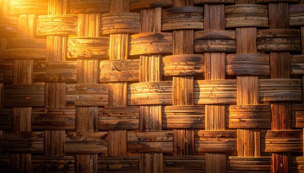 Rattan cane webbing six way with warm glow and left margin copy space natural woven texture background photo