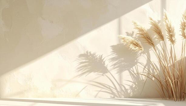 Reed shadows across ivory wall sunlit lines with right third copy space serene minimal interior background photo