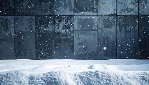 Snow flurries in front of a slate grey wall motion hinted clean center for message winter calm background photo