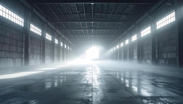 Stationary fog in warehouse catching a single shaft of light muted charcoal palette bottom copy space cinematic background photo