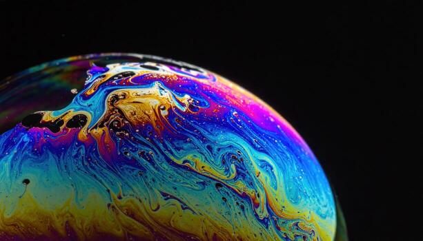 Soap bubble film macro with interference colors on dark neutral field right side copy space scientific abstract background photo