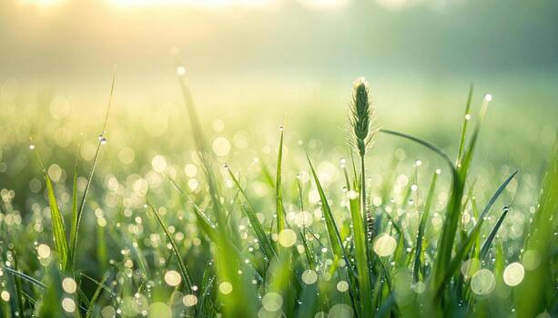 Soft bokeh of dew on meadow at dawn monochrome green field with upper third copy space calm nature background photo