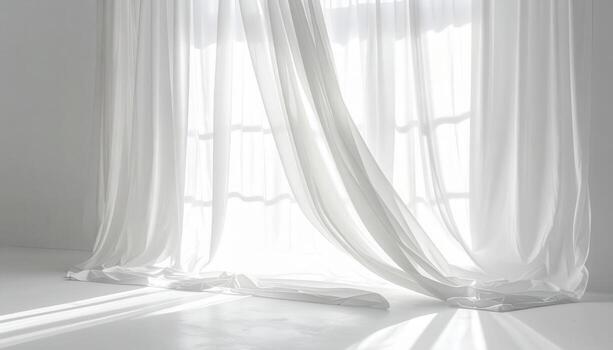 Translucent curtain billowing with bright backlight clean whites and right third negative space airy calm interior background photo