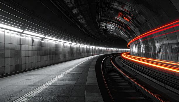 Subway tunnel streak confined to far right edge charcoal negative space left copy field dynamic urban night background photo