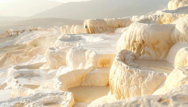 Travertine stone close up with honed finish shallow raking light upper half negative space neutral beige material background photo