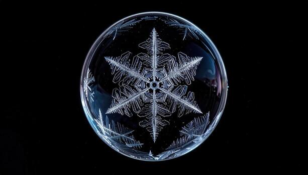 Frozen soap bubble with crystalline star patterns on black field macro clarity and central copy space for winter science design photo