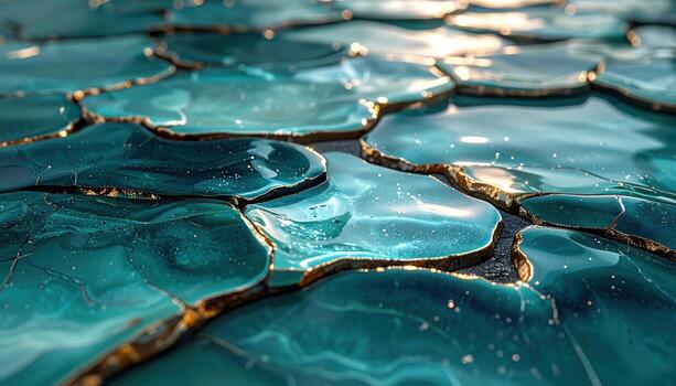 Zellige ceramic tile surface irregular glaze pooling subtle shine central copy space representing artisan tile texture suitable for decor architecture branding and design photo