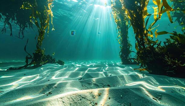 Kelp canopy shadows drifting on sand ripples emerald tint clear upper copy representing marine pattern suitable for travel editorial nature and calm design photo