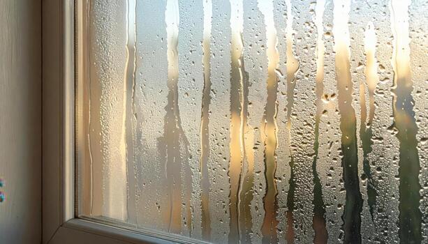 Window condensation trails forming vertical paths calm neutrals left copy field representing indoor moisture pattern suitable for wellness editorial education and design photo