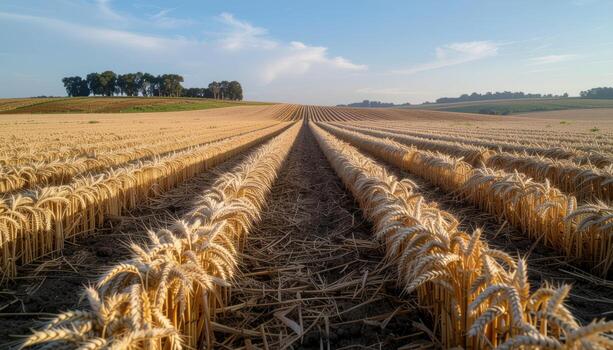Wheat stubble stripes across rolling farmland long dawn shadows generous central copy representing agriculture pattern suitable for mapping editorial travel and design photo