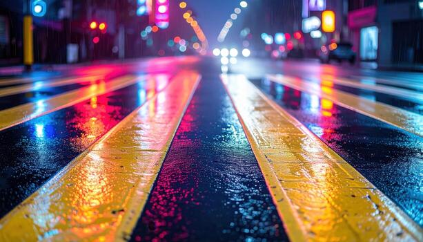Wet neon reflections on crosswalk stripes after rain urban night with upper copy representing city glow texture suitable for urban branding editorial and design photo