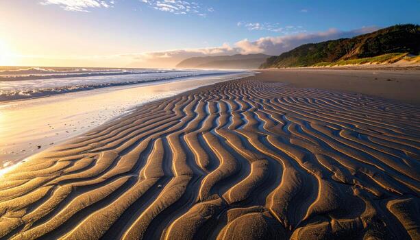 Wind set ripples in wet tidal sand with clean margin cool morning light left side copy area representing coastal pattern suitable for travel editorial wellness and design photo