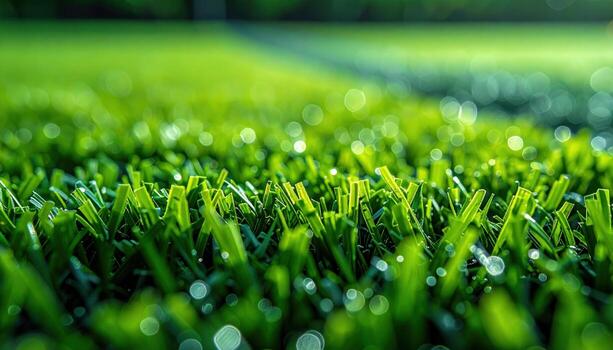 Artificial turf fibers with crumb rubber specks saturated greens central copy field representing sport surface suitable for field design photo