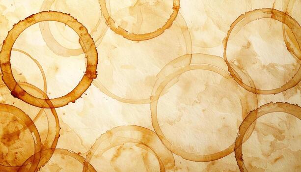 Tea ring stains overlapping on parchment tone with soft edges central copy field representing beverage marks suitable for cafe branding menu and background design photo