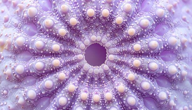 Sea urchin test micro pattern in pastel lavender central copy space representing marine texture suitable for science decor and modern design photo