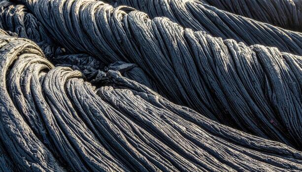 Pahoehoe lava rope textures matte charcoal raking light flow lines representing volcanic surface suitable for geology decor and design photo