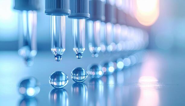 Pipette droplets aligned on smooth surface cool clinical vibe upper copy area representing lab precision suitable for biotech medical and research photo