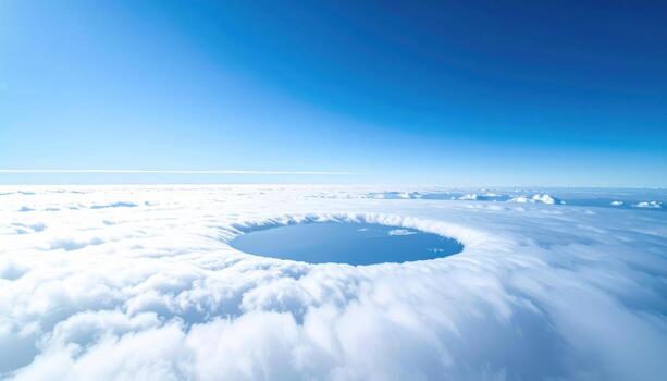 Fallstreak hole opening in thin cloud layers at midday pale blue gradients and wide upper copy space representing rare cloud optics suitable for education weather and design photo