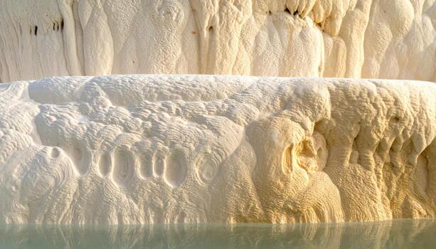 Travertine bubbling traces frozen in stone warm ivory left side copy space representing mineral surface suitable for architecture decor education and clean branding photo