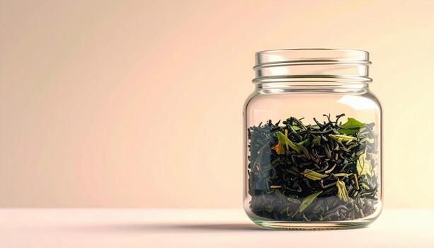 Tea leaves unfurling in a clear jar pale background with left copy area representing beverage ritual suitable for wellness cafe and packaging design photo