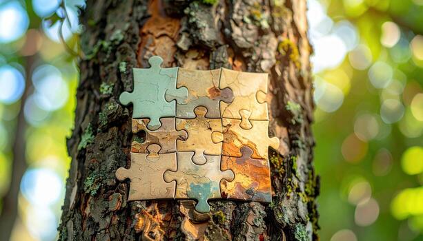 Plane tree bark mosaic with puzzle piece plates soft daylight central copy space representing natural pattern suitable for decor education and design photo
