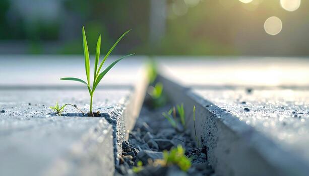 Concrete expansion joint with a single grass sprout softly defocused calm grey palette and right side copy space representing urban material suitable for architecture branding and design photo