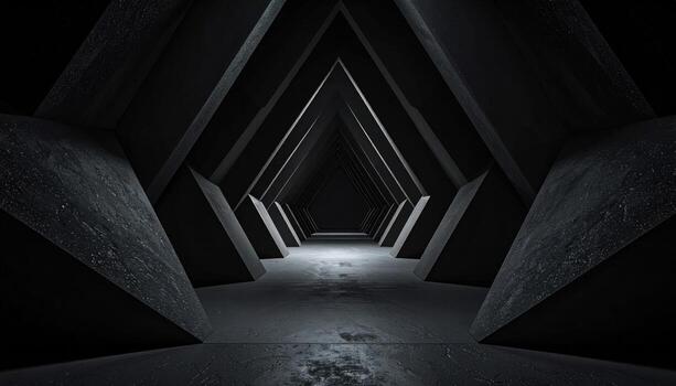 Acoustic anechoic wedges forming a deep triangular pattern matte blacks and central copy space representing sound treatment suitable for technology architecture and product backdrops photo