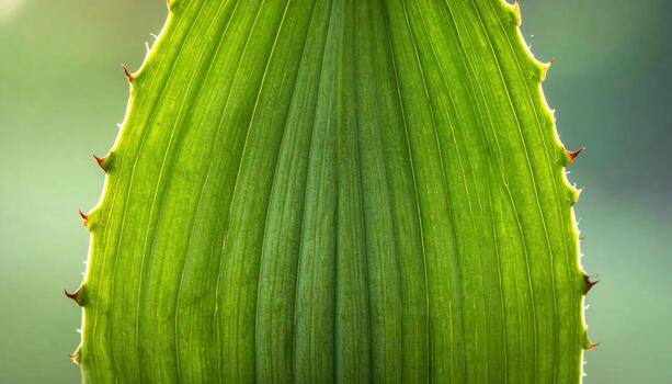 Agave leaf ridges with tiny marginal teeth soft backlight and desaturated greens representing botanical structure suitable for wellness beauty decor and design photo