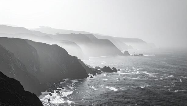 Coastal haze erasing distant cliffs at midday desaturated palette open left side copy space representing minimal seascape suitable for travel editorial and design photo
